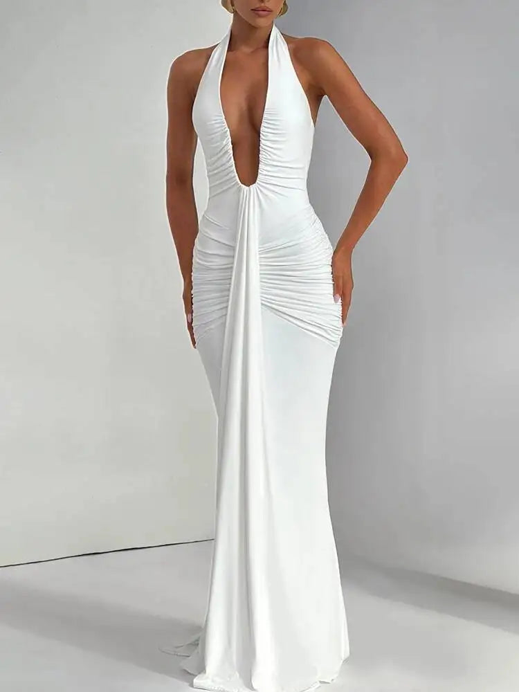 Deep V Neck Draped Ruched Sexy Maxi Dress Women Summer Fashion Halter Sleeveless Backless Club Party Long Dress Elegant BM98