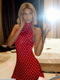 Polka Dot Elegant off Shoulder Sleeveless Backless High Waist Halter Mini Dress Y2K Summer Fashion Club Party Vestidos